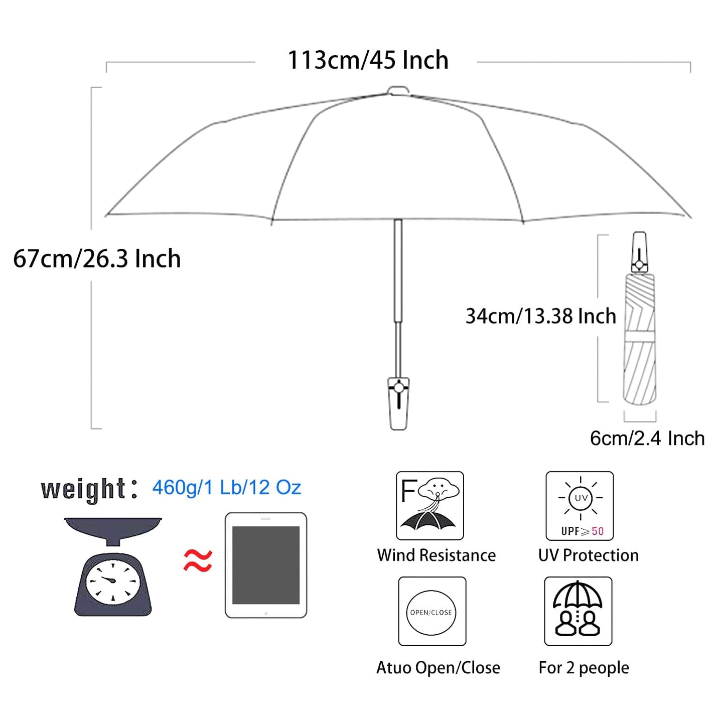 BAODINI Inverted UV Protection Umbrella for Rain and Sun Medium Size 46 inch arc Canopy UPF 50+ Rverse Compact Umbrella Auto Open Close for Travel