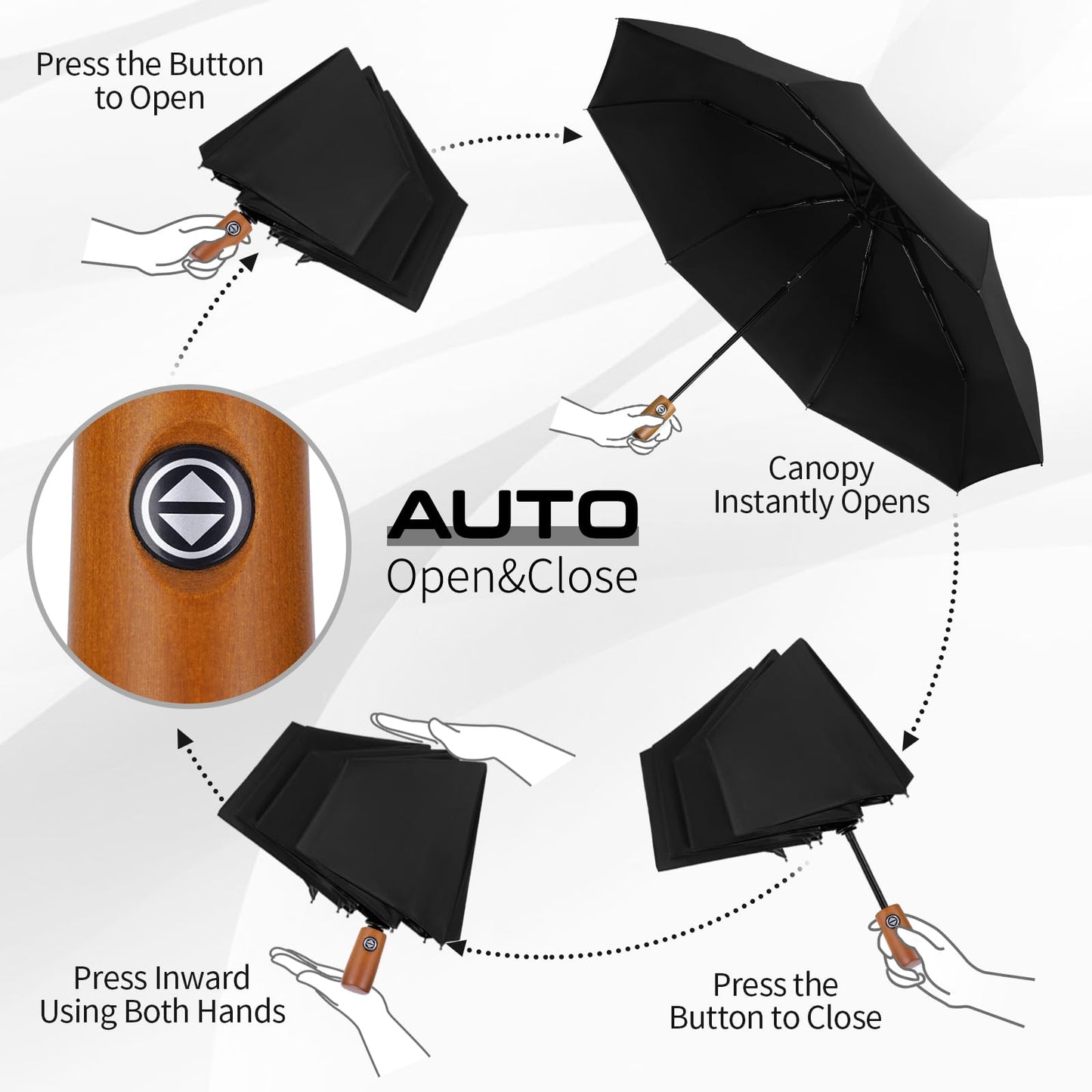 Windproof Travel Umbrella with Wood Handle
