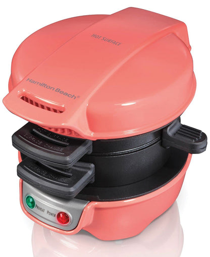 Hamilton Beach Breakfast Sandwich Maker with Egg Cooker Ring, Customize Ingredients, Perfect for English Muffins, Croissants, Mini Waffles, Perfect White Elephant Gifts, Coral (25483)