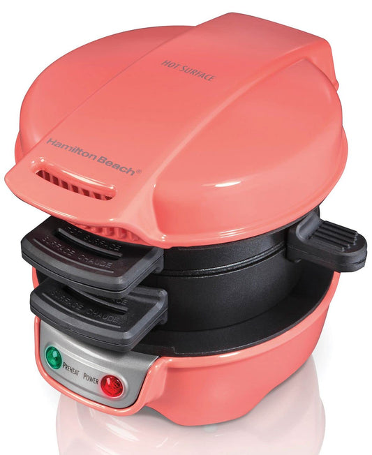 Hamilton Beach Breakfast Sandwich Maker with Egg Cooker Ring, Customize Ingredients, Perfect for English Muffins, Croissants, Mini Waffles, Perfect White Elephant Gifts, Coral (25483)