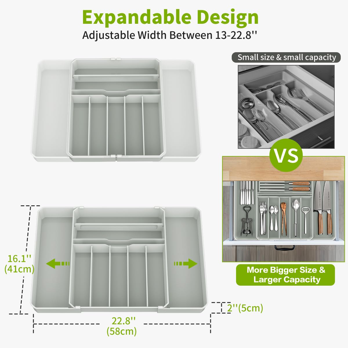 fifame Silverware Drawer Organizer, Expandable Kitchen Utensil Organizer, Larger Capacity Flatware and Cutlery Tray, Multi-Purpose Drawer Storage for Kitchen, Dressing Table, Office, Bathroom, (Grey)