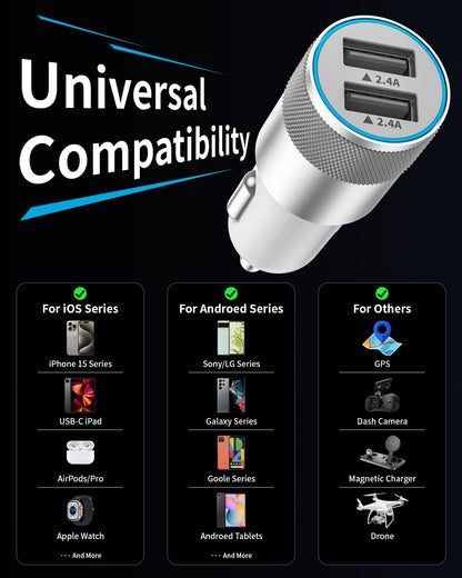 24W Dual USB Car Charger with 3FT Cables