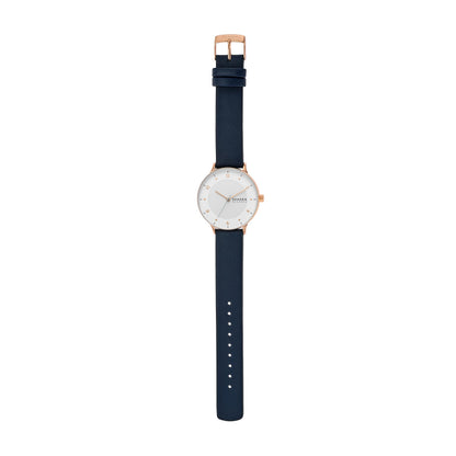 Skagen Women's Riis Three-Hand Rose Gold-Tone Stainless Steel and Blue Leather Band Watch (Model: SKW3090)