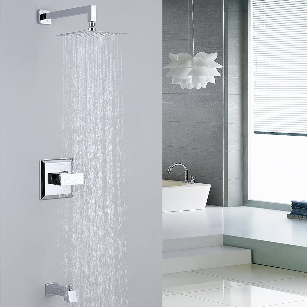HOMELODY Chrome Shower Faucet Set Bathroom High Pressure Square Rain Shower Head and Handle Set, Wall Mounted Luxury Rainfall Shower Complete Combo Set, Shower Fixtures (Contain Shower Valve)