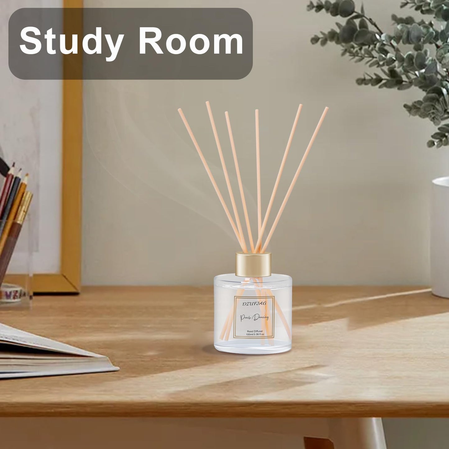 100ml Scent Diffuser with 6 Fiber Sticks, 3.5 oz Reed Diffuser Set Aromatherapy Fragrance Diffusers Air Fresheners for Home Bedroom Bathroom (Peach)