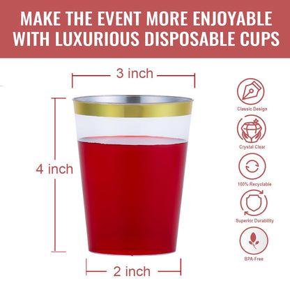 By Madee: HEAVYWEIGHT 100 Pack 10 oz Plastic Cups for Party | Gold Plastic Cups | Disposable Clear Cups with Gold Rim for Weddings, Birthday, and Elegant Events.