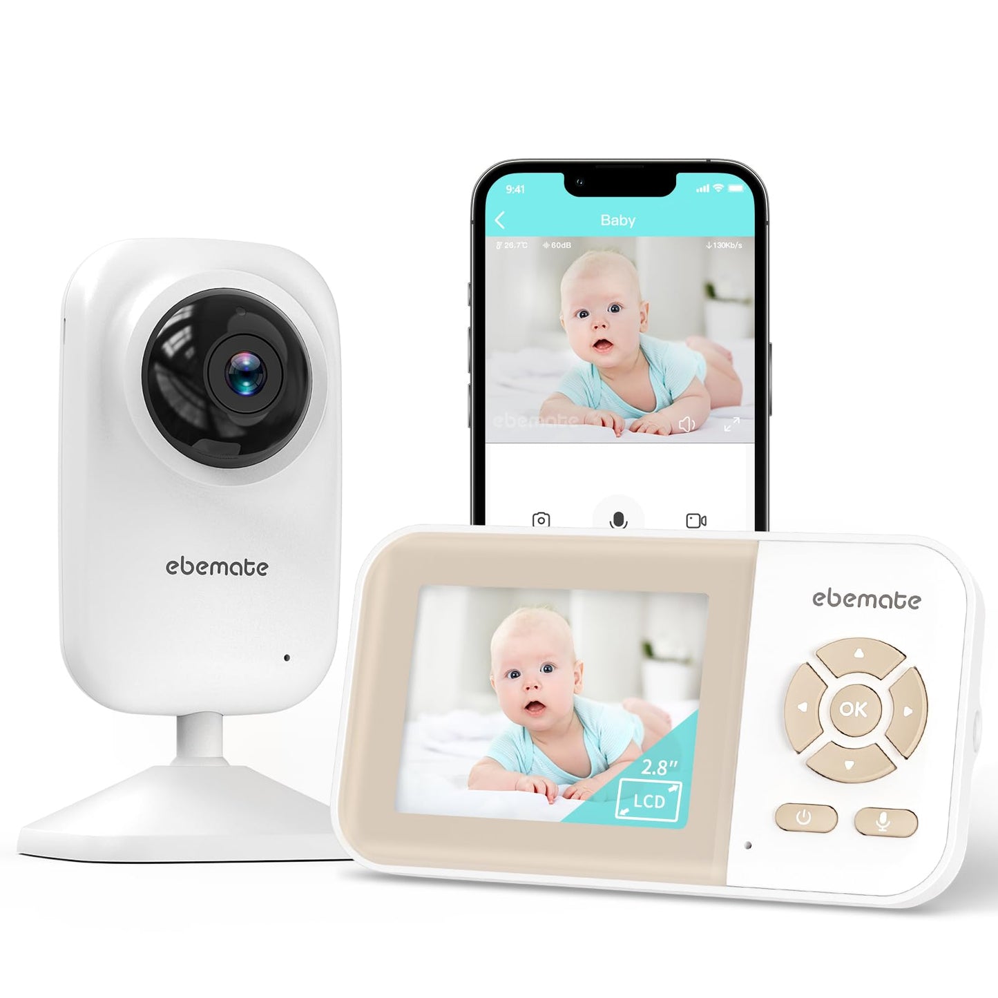 ebemate Video Baby Monitor Camera with 2.8" LCD Screen HD Video & Audio No Glow Night Vision,2-Way Talk Audio Cam Baby Monitoring 1200FT Range EBE28