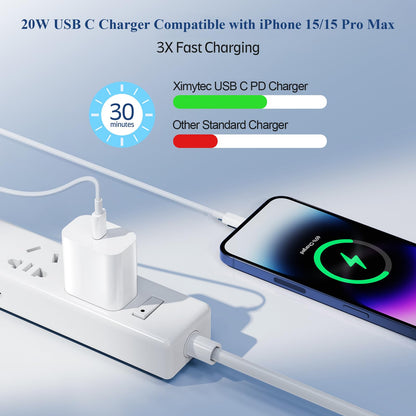 Ximytec 20W USB C Fast Charger [MFi Certified] Compatible with iPhone 15/15 Plus/ 15 Pro/ 15 Pro Max/iPad Pro/Samsung, 2Pack PD Type C Charger Blocks with 6FT USB C to C Cable