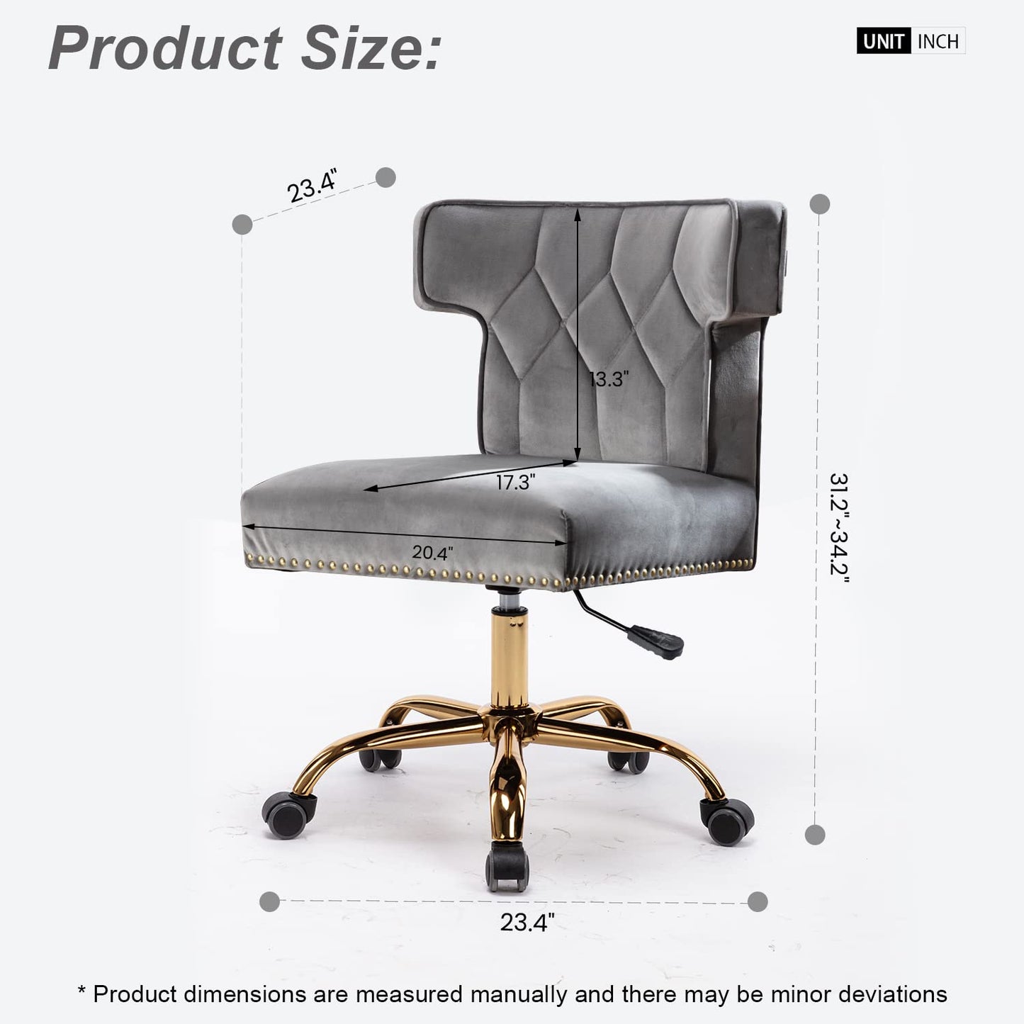 Recaceik Velvet Home Office Chair, Modern Adjustable Swivel Desk Chairs with High Back 360 Degree Castor Gold Wheels for Living Room/Bedroom/Office (Gray)