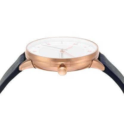Skagen Women's Riis Three-Hand Rose Gold-Tone Stainless Steel and Blue Leather Band Watch (Model: SKW3090)