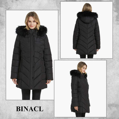 BINACL Women's Thickened Down Alternative Jacket, Snowboard Skiing Parka Puffer Tunnel Collar Elastic Neck Cotton Padding Slide Water Resistant Outwear Jacket with Fur Trim Removable Hood(Black,L)