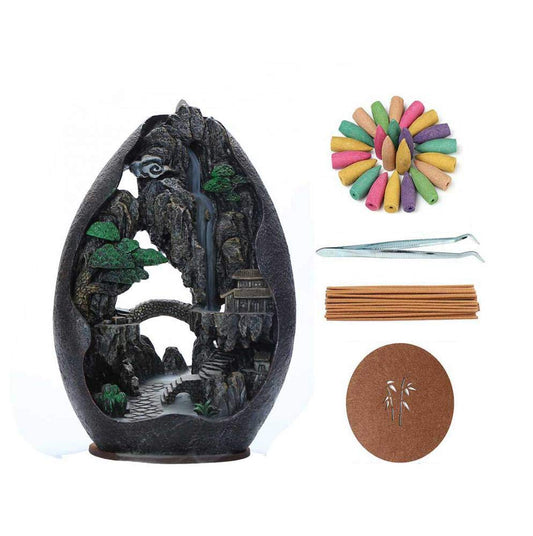 Landscape Backflow Incense Burner Cone Incense Burner Smoke Waterfall Resin Handmade Home Decor Gift Set with 120 Upgraded Cones,30 Incense Sticks,1Tweezer,1Mat