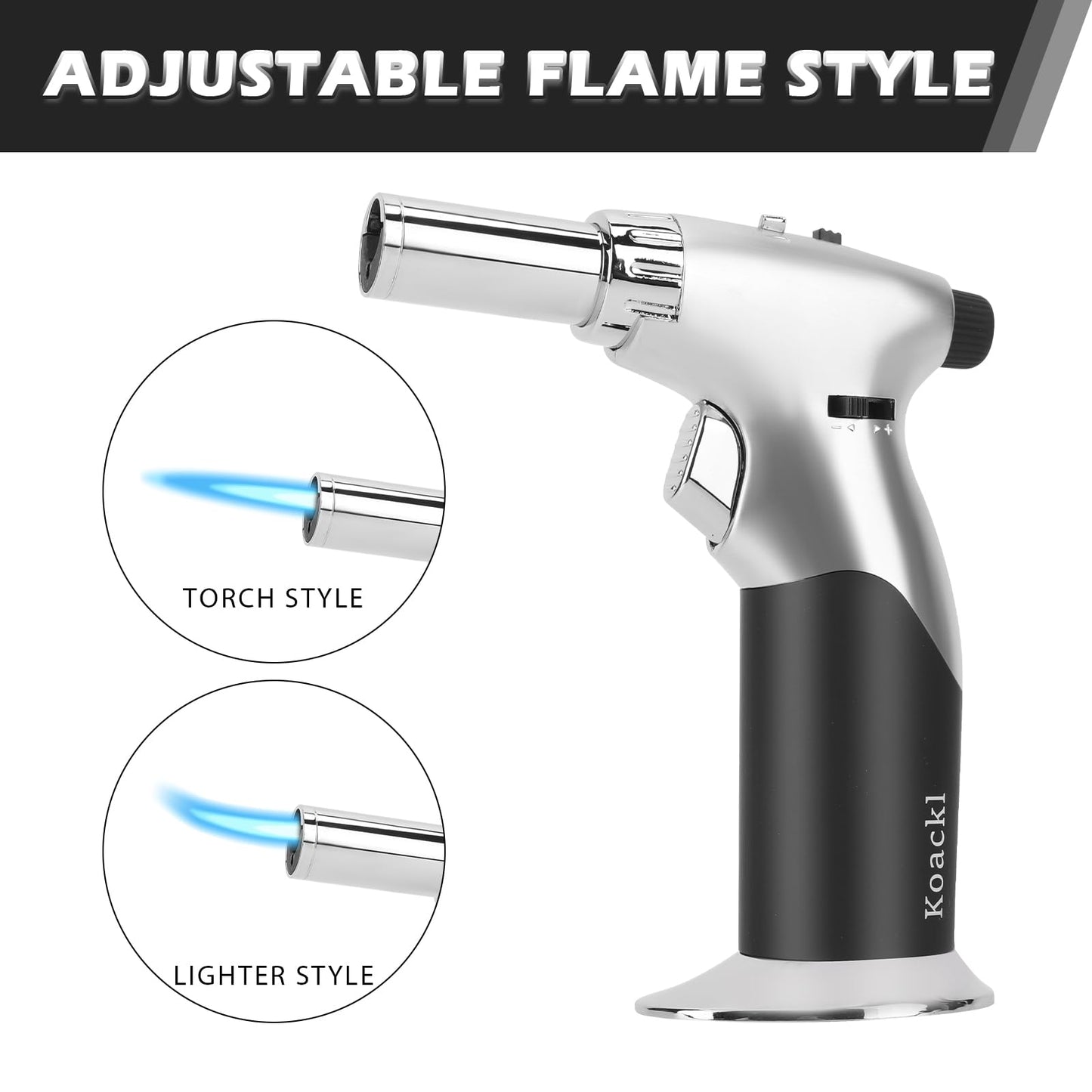 Koackl Dual Flame Mode Butane Torch Lighter, Refillable Luxury Kitchen Torch with Adjustable Flame with Ignition Lock for Welding, Resin Art, Cooking- Platinum and Black(Butane Gas Not Included)