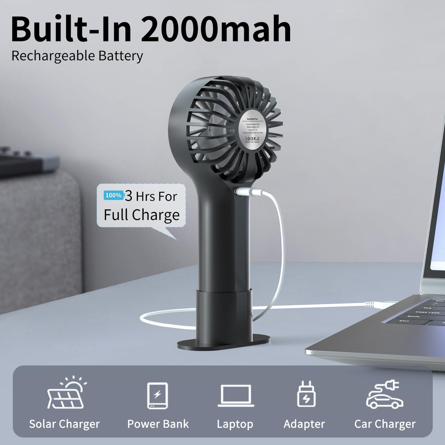 BDXXJ Mini Personal Fan Handheld, Small Portable Handheld Fan, Battery Operated, USB Rechargeable Face Makeup Lashes Desk Fan with Base, for Kids, Girls, Women, Men, Indoor, Outdoor Travelling, Black