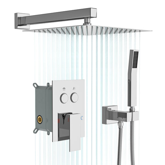 Lordear Shower System 12 Inch Shower Head,Shower Faucet Set Wall Mounted Chrome Finish Stainless Steel Shower Head and Handheld,Button Adjustment,Brass Main Body Shower Valve Included