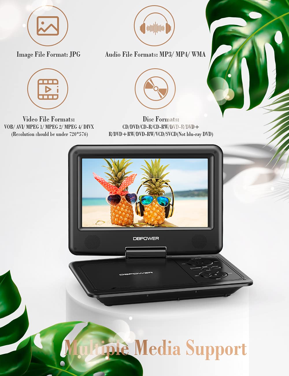 DBPOWER 11.5" Portable DVD Player, 5-Hour Built-in Rechargeable Battery, 9" Swivel Screen, Support CD/DVD/SD Card/USB, Remote Control, 1.8 Meter Car Charger, Power Adaptor and Car Headrest (Black)