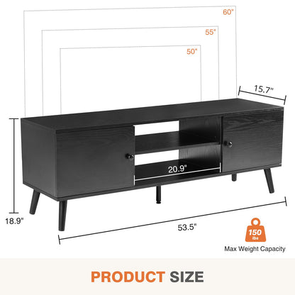 Sweetcrispy TV Stand for 55 60 inch Television, Entertainment Center with Storage, 2 Cabinet Media Console Table, Soft Hinge Door with Handle, Wood Feet, Living Room, Bedroom Furniture, Black