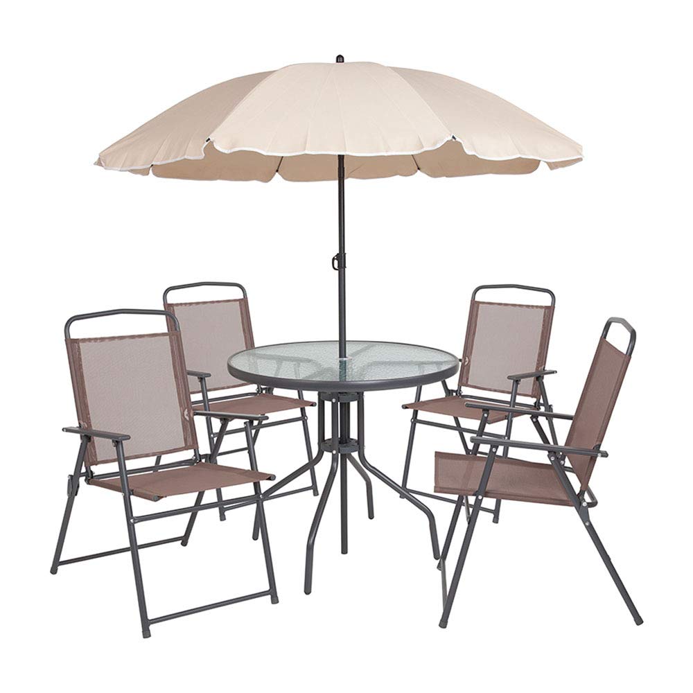 Flash Furniture Nantucket 6-Piece Patio Dining Set with Glass Table, 4 Folding Chairs, and Umbrella, Outdoor Patio Table, Chairs, and Umbrella Set, Black