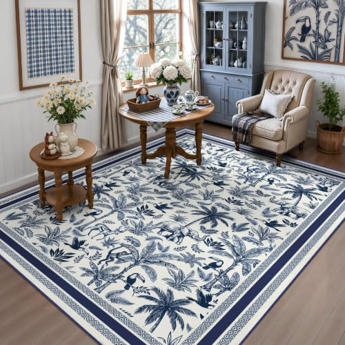 Washable French Country Toile 5x7 Area Rug