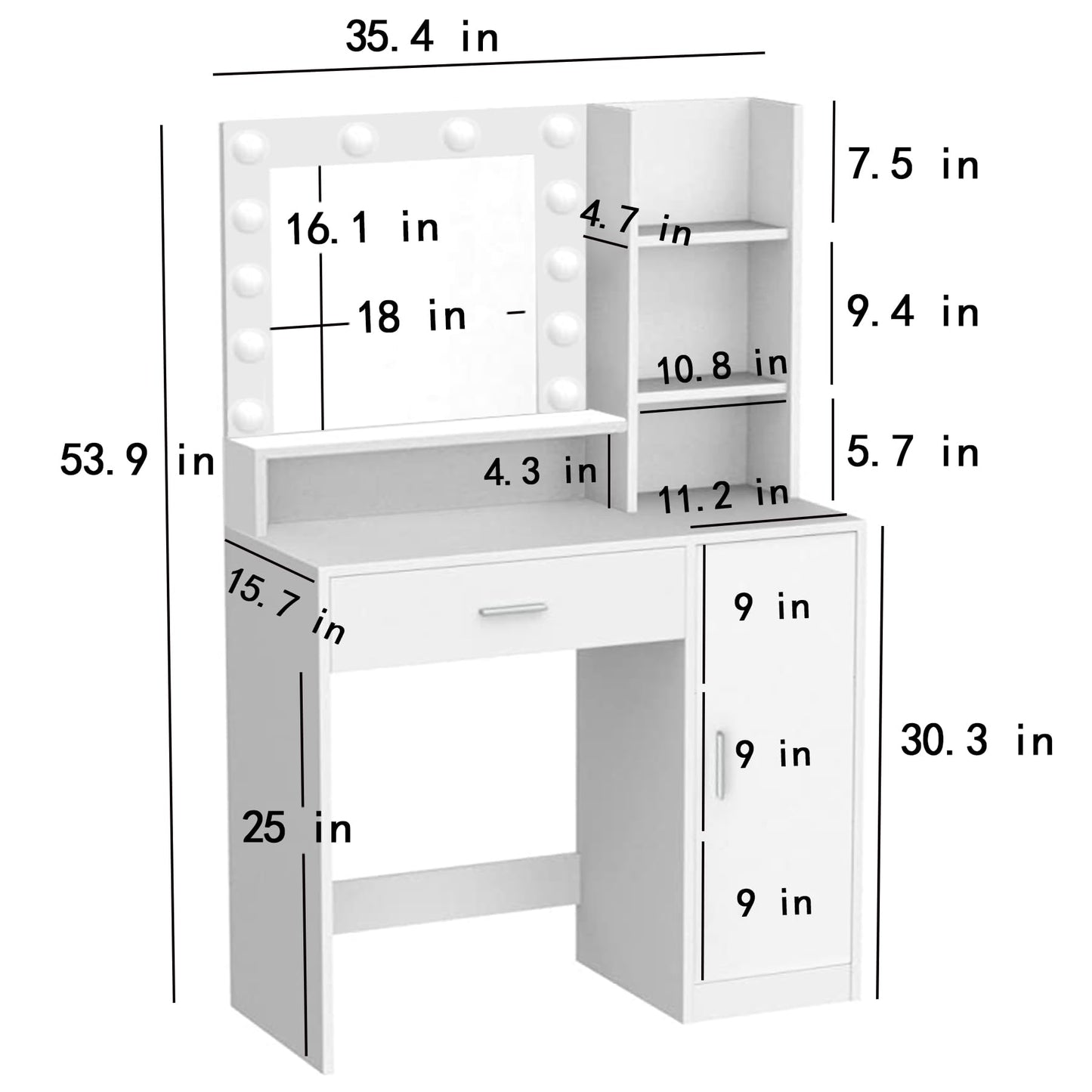 Palimder Vanity Desk with Mirror & Light, Large Drawer Three Level Storage Dresser, 3 Lighting Modes Adjustable Brightness, Bedroom Dressing Table (White)