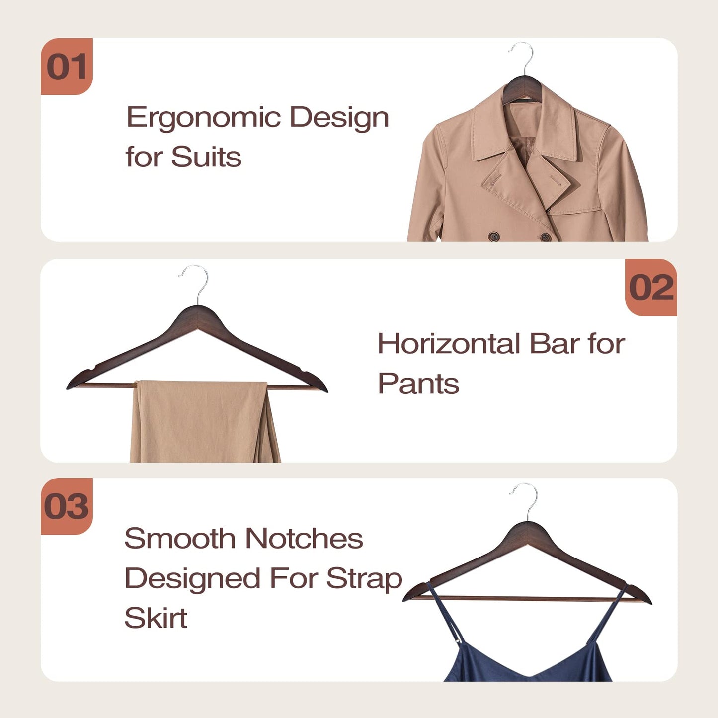 FairyHaus Wood Hangers 30 Pack, Smooth Finish Wooden Coat Suit Hangers with 360° Swivel Hook and Notches, Lightweight Walnut Wood Clothes Hangers for Camisole, Pants, Dress