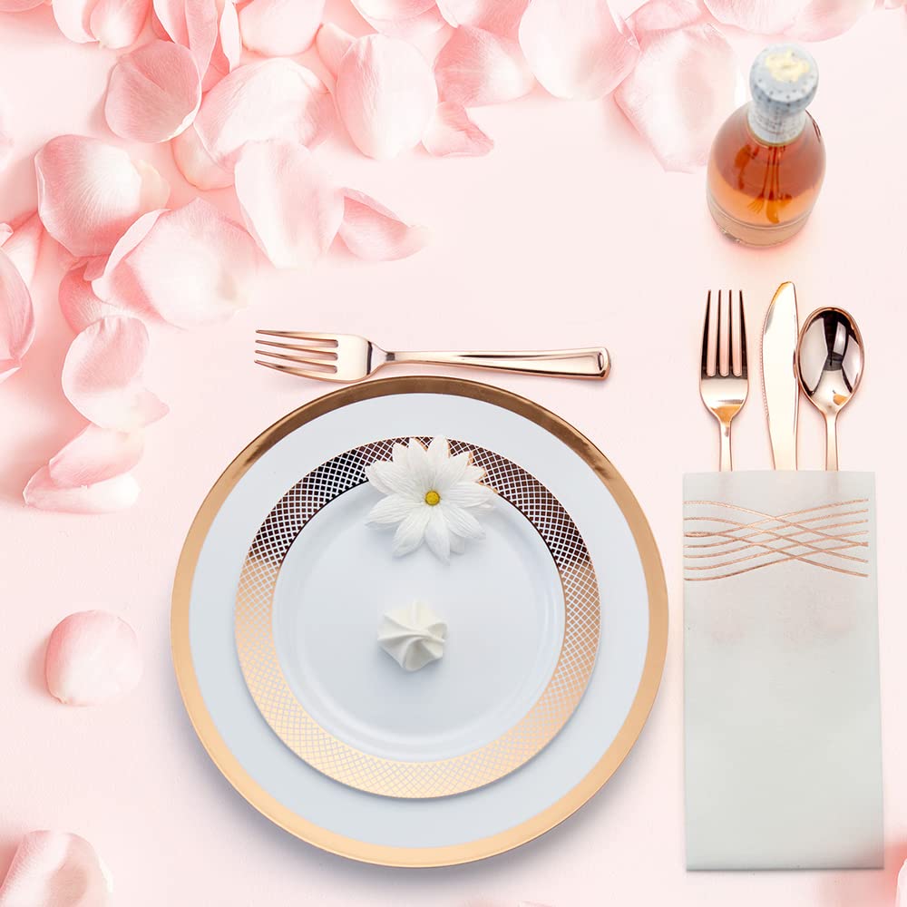 By Madee HEAVYWEIGHT 175 Pcs Rose Gold Dinnerware Set 25 for 25 Guests | Rose Gold Plates and Napkins Party Supplies | Elegant Plastic Plates | Fancy Disposable Dinnerware Set