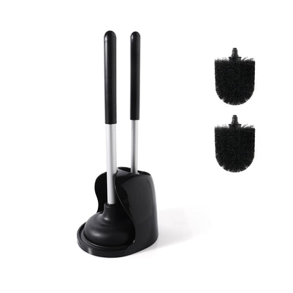 Eyliden 2-in-1 Toilet Brush and Plunger Combo with Holder, Large Size TPR Plunger, Aluminum Handle, 2 Replacement Brush Heads, Compact Bathroom Cleaning Set (Black)