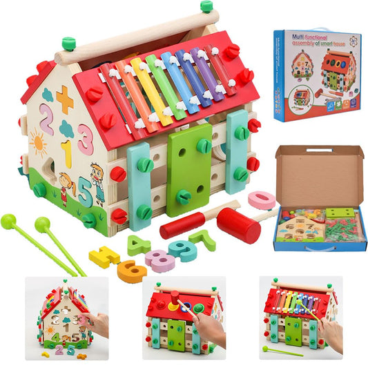 Aozzy Montessori Busy House Toy, 6 in 1 Wooden Activity Cube for Toddlers 1-3 with Xylophone Digital Screws, Sensory Toys for Toddler, Fine Motor Skills, Birthday Gift for Toddler