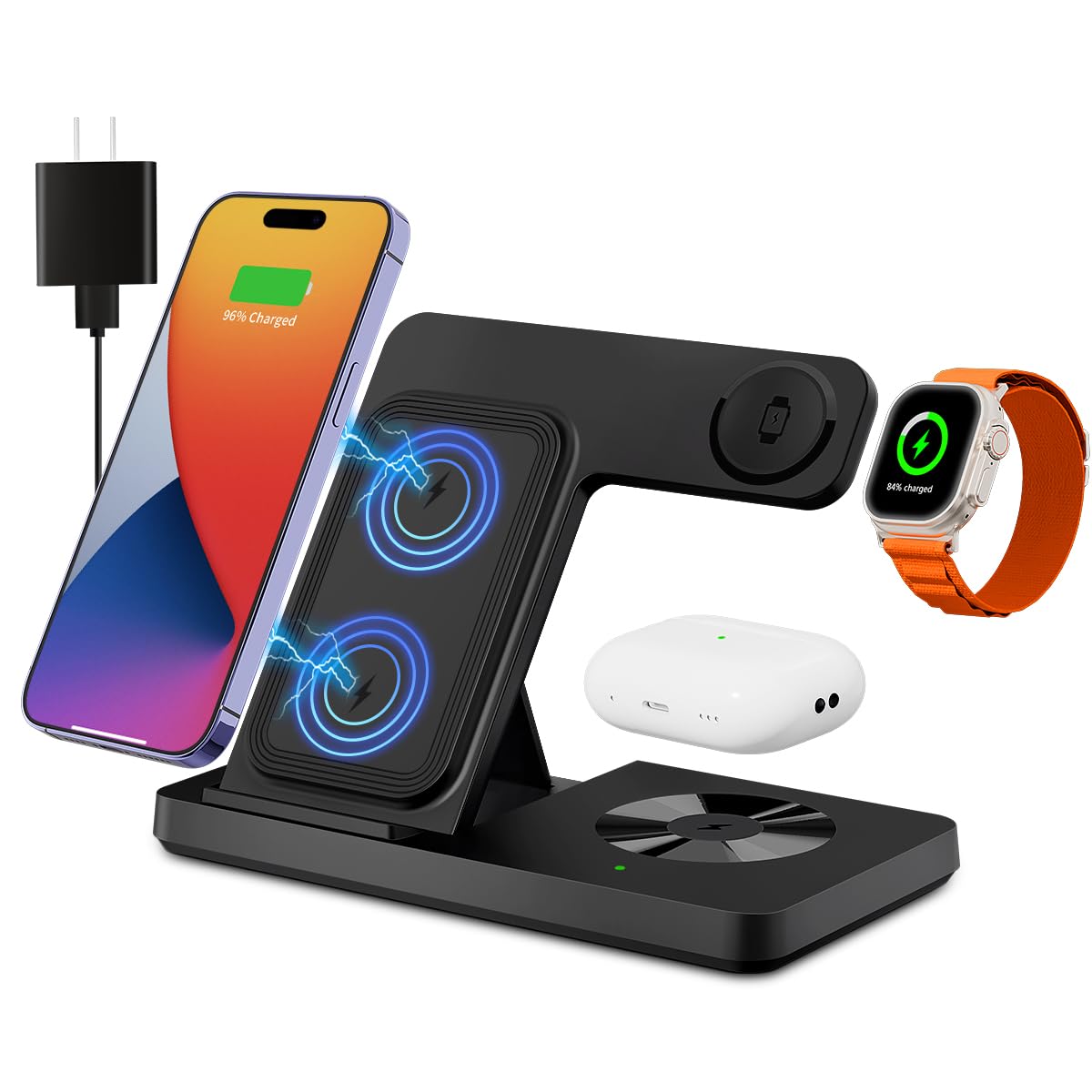 Wireless Charger, 3 in 1 Charging Station for Multiple Devices, Wireless Charging Stand for iPhone 8-15 Series,iWatch9/8/7/6/5/4/3/2/SE, AirPods3/2/Pro (Black)