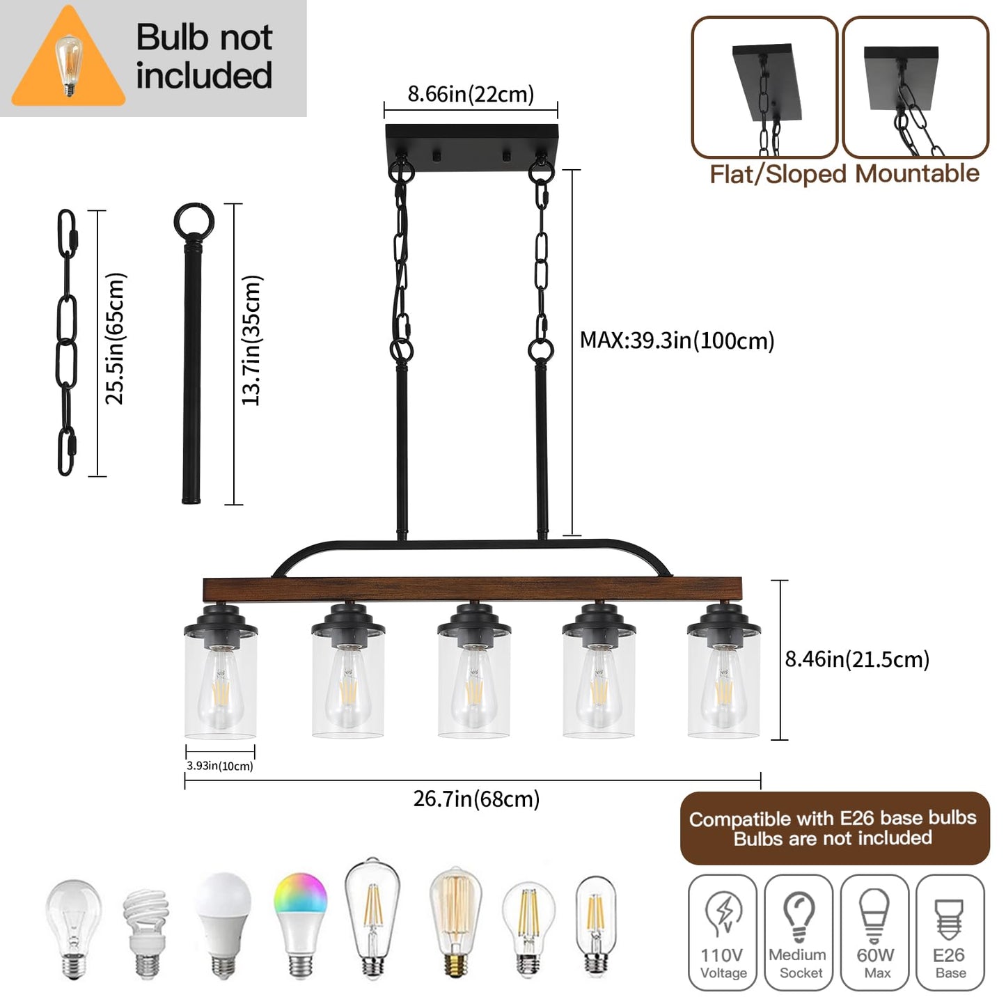 KEESFU 5-Light Farmhouse Pendant Light Fixture