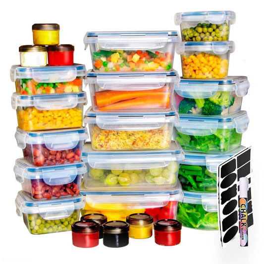 WOWZILLA 24Pcs Plastic Food Storage Containers with lids with Labels & Pen- Comes with Sauce Cups, BPA Free Food Containers, Leakproof Meal-Prep Containers for Kitchen Storage, Dishwasher Safe, Set