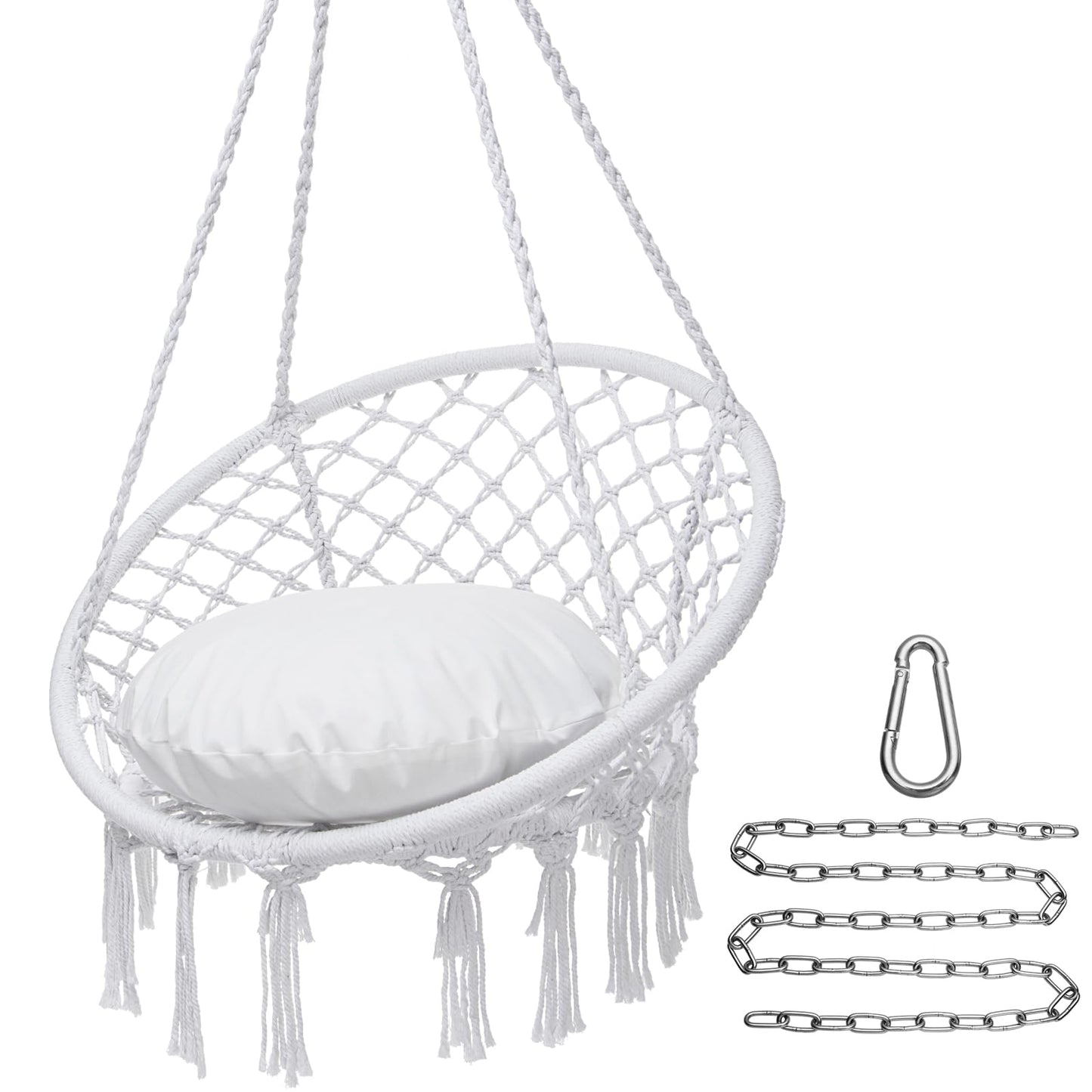 Y- Stop Hammock Chair Macrame Swing Chair, Max 330 Lbs, Hanging Chair Cotton Rope Hammock Chair Swing for Indoor and Outdoor Use, White