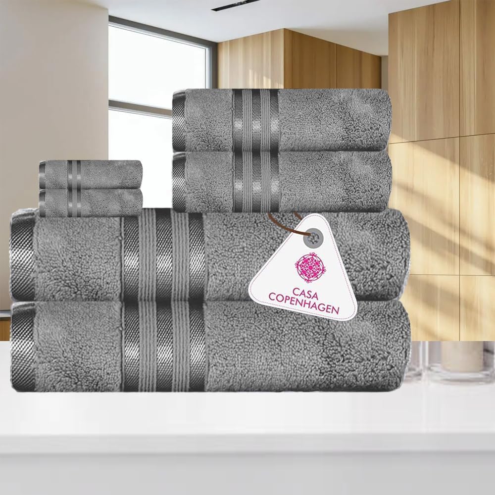 CASA COPENHAGEN Zero Twist, 6 Pieces Set 100% Cotton 0" Twist Towel Set- Pine Grey, 600 GSM, 2 Bath, 2 Hand, 2 Washcloths Made from Egyptian Cotton, Ultra Soft Luxury Towels for Bathroom.