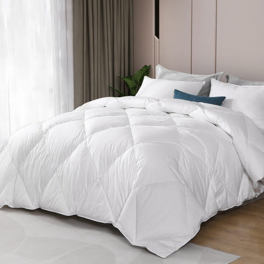 Cobnom Organic Feathers Down Comforter Twin Size, All Season Feathers Down Duvet Insert, Soft 100% Cotton Covered Bed Comforter Insert with Ties, Ivory White, 68x90