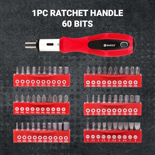 BARTEX 100-Piece Magnetic Screwdriver Set | Slotted, Phillips, Pozidriv, Hex, Torx, Precision, Ratcheting Screwdrivers, Nut Drivers | Comprehensive Hand Tools with Storage Rack