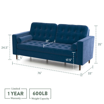 Edenbrook Lynnwood Upholstered Sofa - Couch for Living Room Office or Bedroom - Mid-Century Modern Design Furniture - Buttonless Tufting - Simple Assembly - Includes Bolster Pillows - Navy Velvet