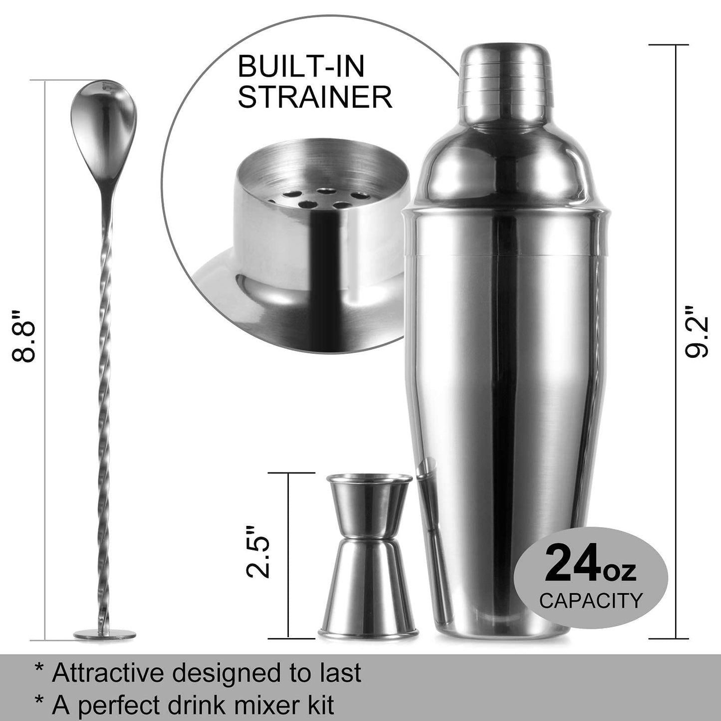 Stainless Steel Cocktail Shaker Set with Strainer