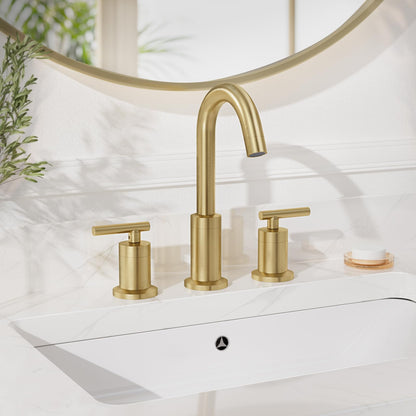 Phiestina Brushed Gold Bathroom Sink Faucet, Widespread 8 Inch 3 Hole Rotatable 360 Degree Modern Bathroom Faucet, with Pop Up Drain and Water Supply Line, WF03-1-BG