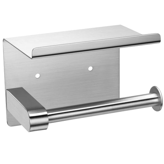 Adhesive Toilet Paper Holder with Shelf, SUS304 Stainless Steel Toilet Paper Roll Holder, Mega Roll Tissue Roll Paper Dispenser, No Drilling or Wall Mounted with Screws