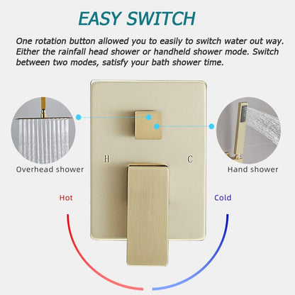 JingGang 10 Inch Ceiling Mounted Shower System Rain Mixer Shower Combo Set Rainfall Shower Head System ‎Brushed Gold Shower Faucet Rough-in Valve Body and Trim Included