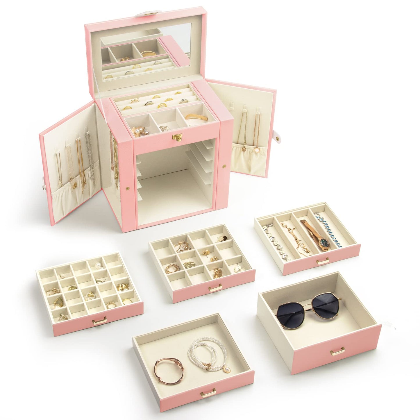 KAMIER Jewelry Box for Women, 6-Layer Large Jewelry Organizer Box with Mirror & 5 Drawers for Rings, Earrings, Necklaces, Bracelets,Pink