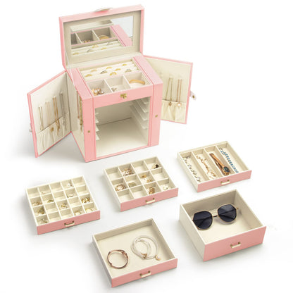 KAMIER Jewelry Box for Women, 6-Layer Large Jewelry Organizer Box with Mirror & 5 Drawers for Rings, Earrings, Necklaces, Bracelets,Pink