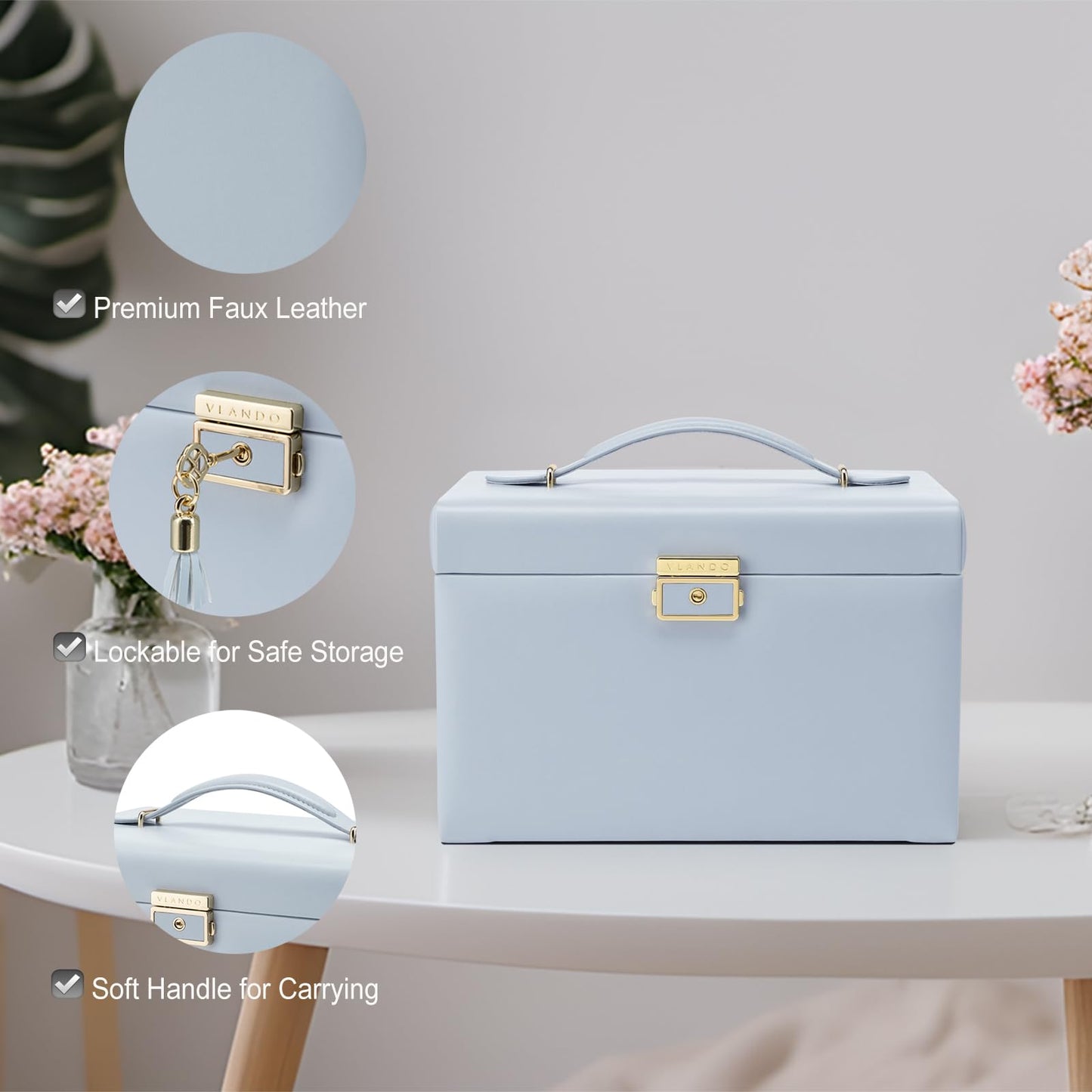 Vlando Lockable Jewelry Box Organizer with Key, 3-Tiered Storage Tray for Necklaces Earrings Rings Bracket Accessories Storage Display, Full HD-Mirror, Haze Blue