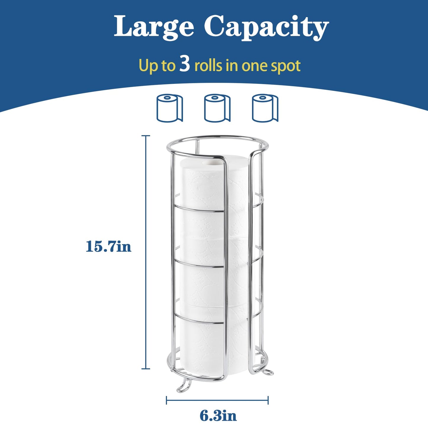 HappyHapi Toilet Paper Holder, Toilet Paper Organizer Stand, Free Standing 3 Rolls Tissue Storage, Toilet Paper Stand Metal Bathroom Accessory, Rustproof Toilet Roll Holder Silver