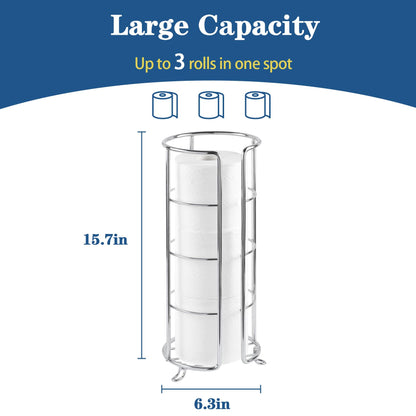 HappyHapi Toilet Paper Holder, Toilet Paper Organizer Stand, Free Standing 3 Rolls Tissue Storage, Toilet Paper Stand Metal Bathroom Accessory, Rustproof Toilet Roll Holder Silver