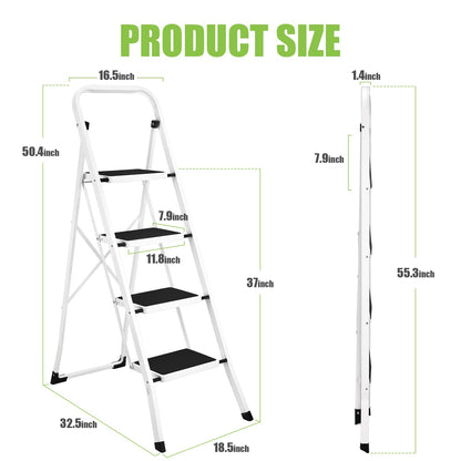 Soctone Step Ladder 4 Step Folding with Anti-Slip Pedal, Lightweight 4 Step Ladder with Handrails, 330 lbs Capacity Perfect for Kitchen & Household, White