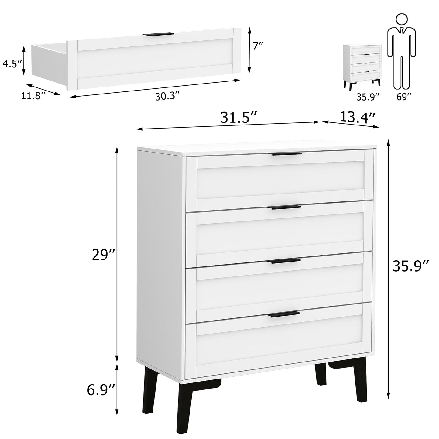Modern White 4 Drawer Dresser for Bedroom