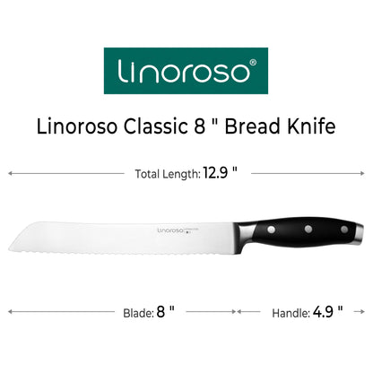 linoroso Serrated Bread Knife for Homemade Bread with Elegant Gift Box, Full Tang Ultra Sharp Forged German Carbon Stainless Steel Bread Knife 8 inch for Slicing Bread, Bagels, Cake - Classic Series