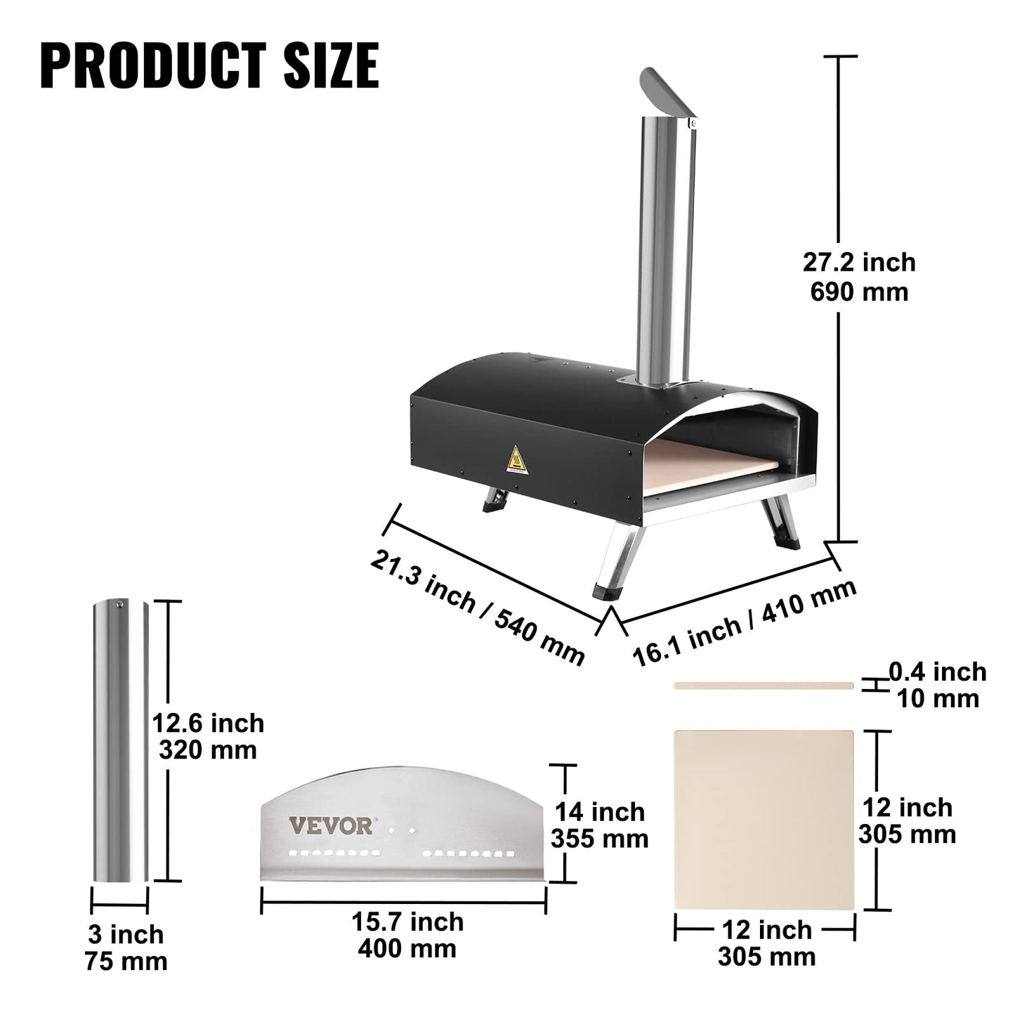 VEVOR Outdoor Pizza Oven, 12-inch Pellet and Charcoal Fire Pizza Maker, Portable Outside Stainless Steel Ovens with Pizza Stone, Waterproof Cover, Shovel, Wood Burner for Backyard Camping, Black