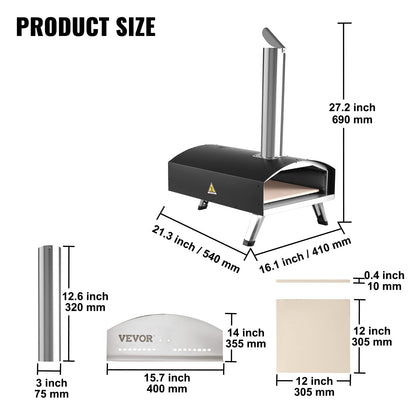 VEVOR Outdoor Pizza Oven, 12-inch Pellet and Charcoal Fire Pizza Maker, Portable Outside Stainless Steel Ovens with Pizza Stone, Waterproof Cover, Shovel, Wood Burner for Backyard Camping, Black